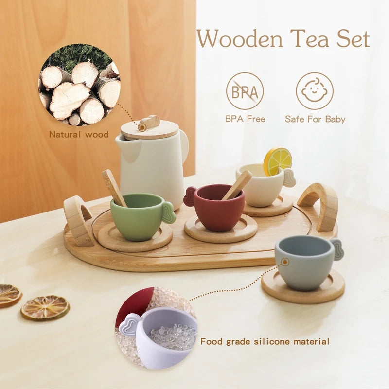 Wooden Toy Teapot and Teacups